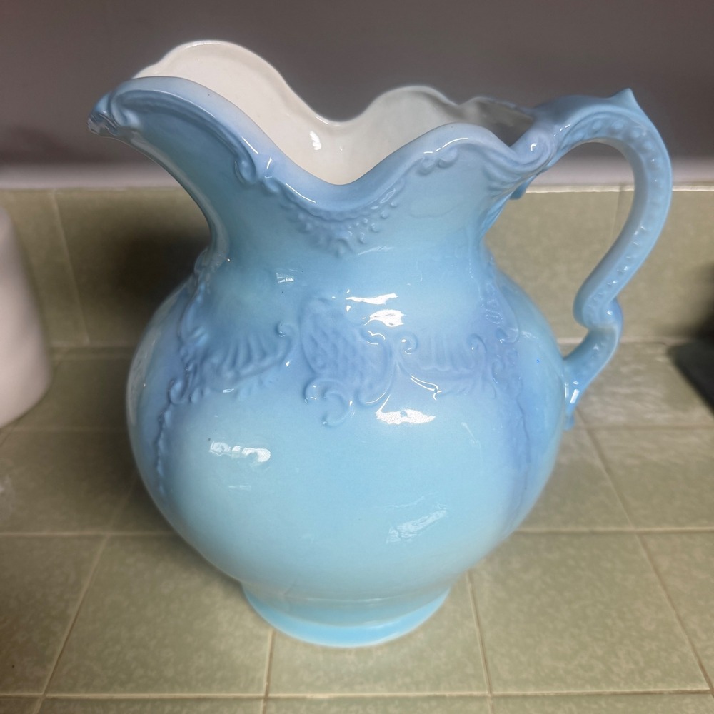 Vintage Blue Embossed Ceramic Pitcher Scalloped Rim Floral Vase 10.5 Inch 60789
